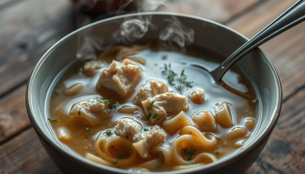 A steaming bowl of homemade chicken noodle soup, with tender chunks of chicken, fragrant herbs, and a rich, savory broth. Curls of steam rise from the surface, giving a cozy, comforting atmosphere. The bowl is set on a rustic wooden table, with a spoon poised, ready to scoop up the nourishing liquid. Soft lighting illuminates the scene, casting a warm, inviting glow. The overall mood is one of simple pleasures and soothing nourishment, perfect for a chilly evening meal.