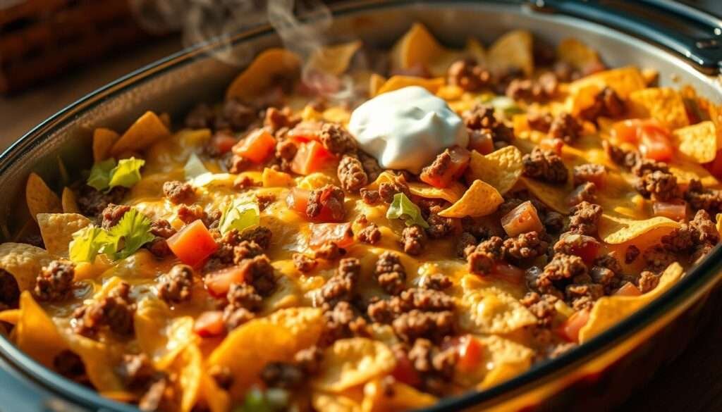 A steaming casserole dish filled with a hearty blend of seasoned ground beef, crunchy corn chips, melted cheddar cheese, crisp lettuce, juicy tomatoes, and a dollop of sour cream. The casserole is illuminated by warm, natural lighting, casting a cozy glow and accentuating the textures and colors of the ingredients. The scene is captured from a slightly elevated angle, allowing the viewer to fully appreciate the layers of the dish and its inviting presentation. The overall mood is one of comfort and indulgence, perfectly capturing the essence of a delectable walking taco casserole.