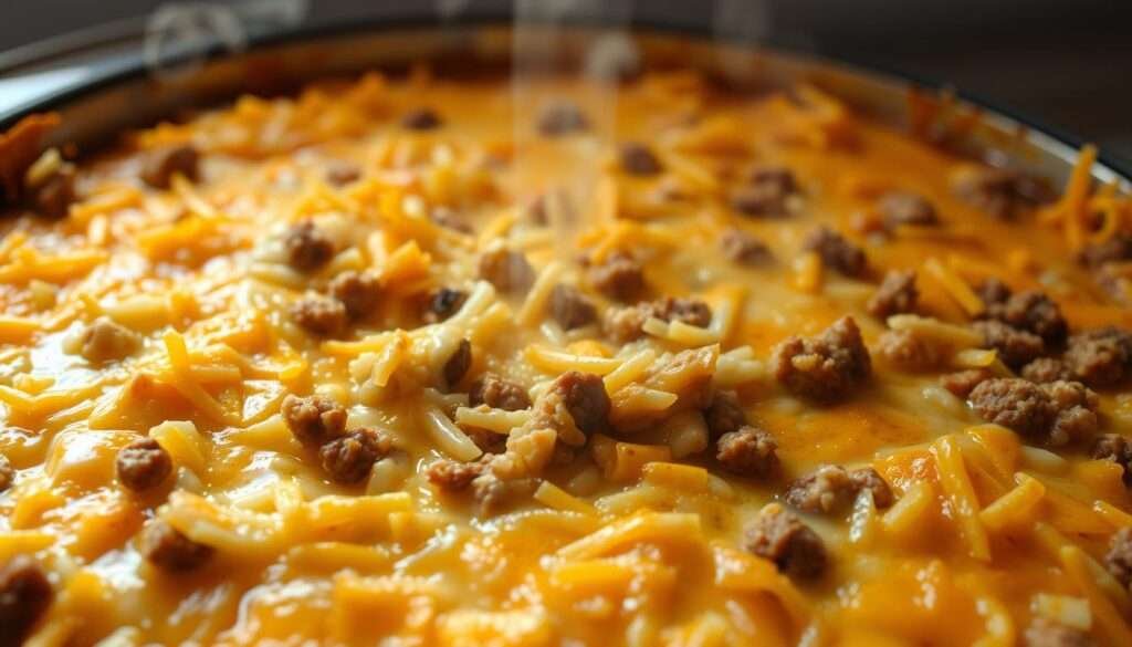 A steaming, cheesy casserole dish filled with perfectly cooked ground beef, aromatic rice, and melted cheddar cheese. The casserole is illuminated by warm, natural lighting, casting a inviting glow on the golden-brown top layer. The foreground showcases the rich, creamy texture of the dish, while the middle ground reveals the individual components blending seamlessly together. The background features a simple, neutral backdrop, allowing the casserole to be the focal point. The overall scene exudes a comforting, homemade atmosphere, enticing the viewer to dive into this hearty, satisfying meal.