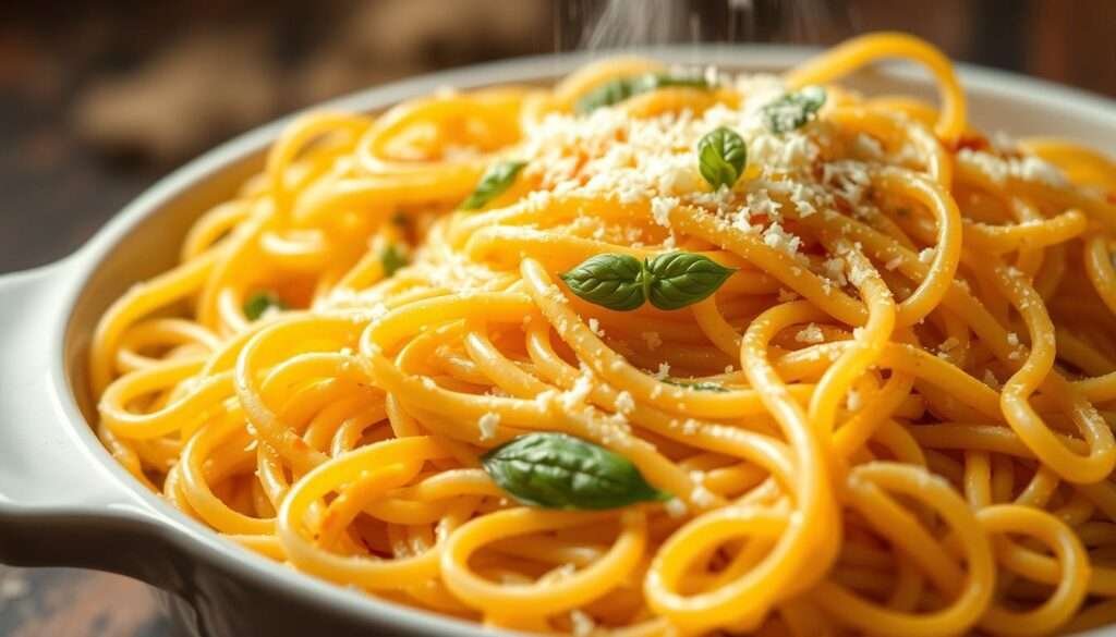 A steaming pile of freshly cooked spaghetti noodles, glistening with a creamy, cheesy sauce. The noodles are perfectly al dente, twisting and curling as they spill out from a white ceramic baking dish. Strands of melted mozzarella and parmesan cheese stretch between the noodles, creating a comforting, inviting texture. Sprigs of fresh basil and grated parmesan add pops of color and flavor, while a soft, warm glow from overhead lighting casts a cozy, homemade atmosphere. The image evokes feelings of sinking into a warm, comforting casserole on a chilly evening, the kind that becomes a family favorite, made again and again.
