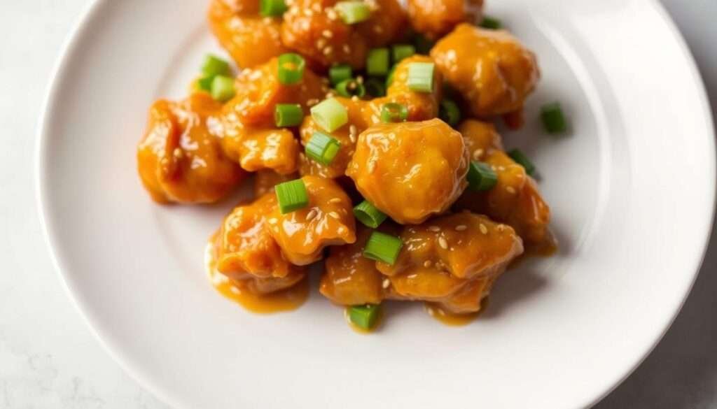 A steaming plate of crisp, golden-fried orange chicken, glistening with a vibrant, citrusy glaze. The chicken pieces are arranged artfully, garnished with fresh green onions and a sprinkle of toasted sesame seeds. The lighting casts a warm, inviting glow, highlighting the dish's tantalizing hues. The camera angle is slightly elevated, capturing the dish in all its appetizing glory, ready to be savored against a backdrop of clean, minimalist styling. The overall mood is one of simple, homemade elegance - a quick, flavor-packed dish that will delight the senses.