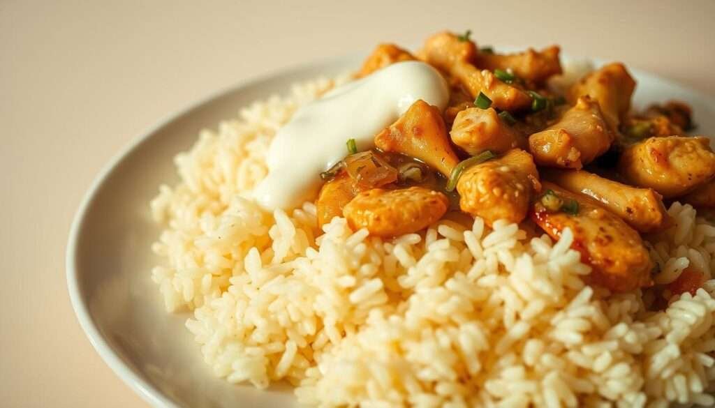 A steaming plate of fluffy white rice, topped with tender, juicy chicken in a rich, creamy sauce. The chicken is lightly seared, infusing the rice with its savory flavors. Sautéed onions, garlic, and herbs add depth and aroma. Droplets of condensed cream gently coat the grains, creating a luxurious, comforting texture. The scene is illuminated by soft, warm lighting, casting a golden glow and highlighting the dish's inviting appearance. The overall composition is balanced, with the chicken and rice occupying the central focus, framed by a simple, minimalist background to emphasize the delectable nature of this quick, satisfying meal.