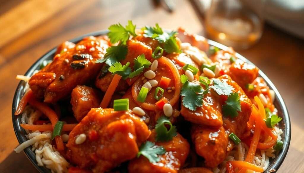 A steaming plate of juicy, tender chicken cooked in a bold, spicy sauce, garnished with crisp vegetables and fresh herbs. The chicken is pan-seared to golden perfection, its skin crisped and caramelized. The sauce glistens, a harmonious blend of chili, garlic, ginger, and aromatic spices. Colorful julienned carrots, red bell peppers, and scallions add a vibrant contrast. Sprigs of fresh cilantro and crushed peanuts provide a fragrant, crunchy topping. The scene is lit by soft, warm light, casting a cozy, inviting atmosphere. The camera captures the dish at a slight angle, showcasing the layers of flavor and texture in this mouthwatering "Bang Bang Chicken Bowl".