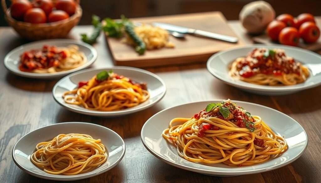 A step-by-step visual guide to preparing spaghetti, featuring a large plate in the foreground showcasing the different stages of the cooking process. The plate is illuminated by soft, warm lighting, casting gentle shadows and highlighting the intricate textures of the pasta, sauce, and garnishes. In the middle ground, a wooden table surface provides a natural, rustic backdrop, complemented by the subtle presence of cooking utensils and ingredients. The background blurs softly, drawing the viewer's focus to the central plate and the progressive assembly of the spaghetti dish. The overall mood is inviting, instructional, and appetizing, guiding the viewer through the step-by-step preparation of this classic Italian meal.