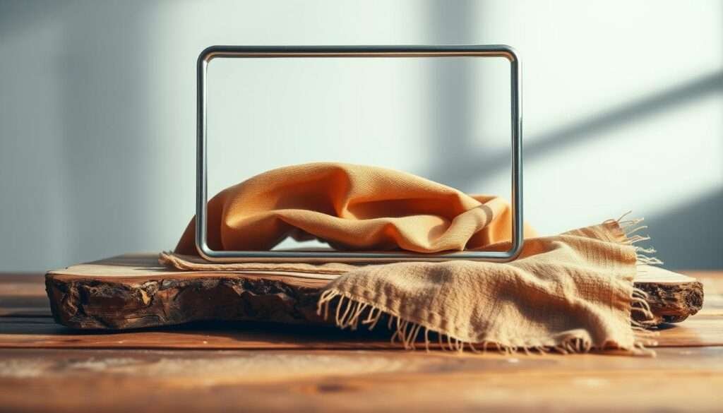 A still life composition featuring a harmonious blend of wood, metal, and fabric textures. In the foreground, a rustic wooden plank serves as the foundation, adorned with a delicate fabric swatch in earthy tones. Atop this, a sleek, polished metal frame stands as the centerpiece, casting subtle reflections. In the background, a softly diffused, ambient light illuminates the scene, creating a sense of warmth and depth. The overall arrangement emphasizes the interplay of natural and industrial elements, showcasing their contrasting yet complementary qualities. The composition is balanced, with a focus on simplicity and minimalism, capturing the essence of the "Mixing Materials: Wood, Metal, and Fabric" concept.