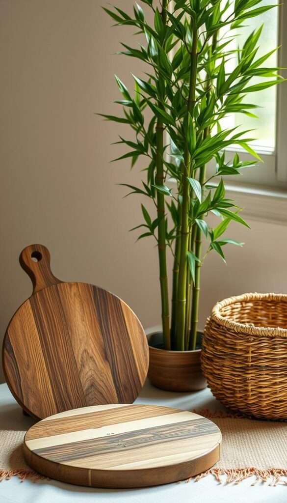 A still life composition showcasing the key materials for a boho kitchen decor. In the foreground, arrange a rustic wooden cutting board, a round stone platter, and a woven rattan basket. In the middle ground, position a tall bamboo plant with lush green leaves, its organic silhouette creating a striking visual contrast. The background should feature a soft, hazy, and warm-toned lighting, evocative of natural sunlight filtering through a window. Use a high-resolution wide-angle lens to capture the full depth and details of the scene, conveying a sense of texture, materiality, and artisanal charm.