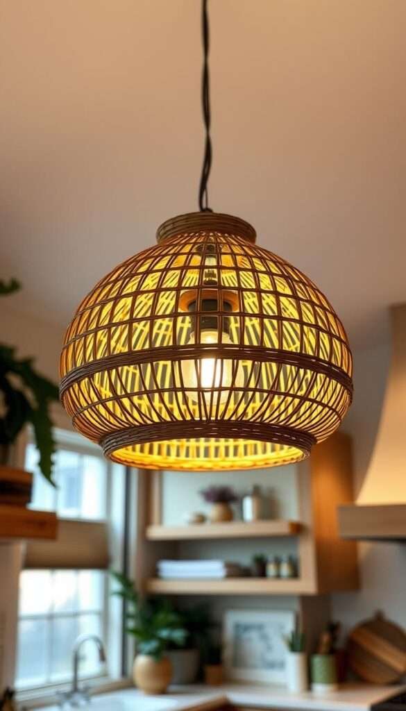 A stunning rattan pendant lamp, its intricately woven basket-like structure casting a warm, diffused glow over a boho-inspired kitchen. The pendant hangs from a high ceiling, its natural tan hue complementing the earthy tones of the surrounding decor. Soft, indirect lighting illuminates the pendant's organic textures, creating an inviting, cozy ambiance. The image captures the pendant in close-up, highlighting its intricate details and showcasing how it could transform a kitchen space into a serene, bohemian haven.