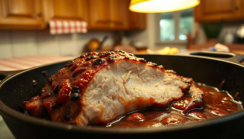 A succulent pork tenderloin sizzling in a cast-iron skillet, bathed in a rich, caramelized glaze. The meat's juices sear and sizzle, filling the air with mouthwatering aromas. In the background, a cozy kitchen scene comes into focus - wooden cabinets, a checkered tablecloth, and the warm glow of a pendant light overhead. The lighting is soft and inviting, casting a golden hue over the scene. The camera angle is slightly elevated, giving a tantalizing view of the pork's tender, pink center and the crisp, charred edges. This image captures the essence of a hearty, comforting pork dish, perfect for a satisfying weeknight dinner.