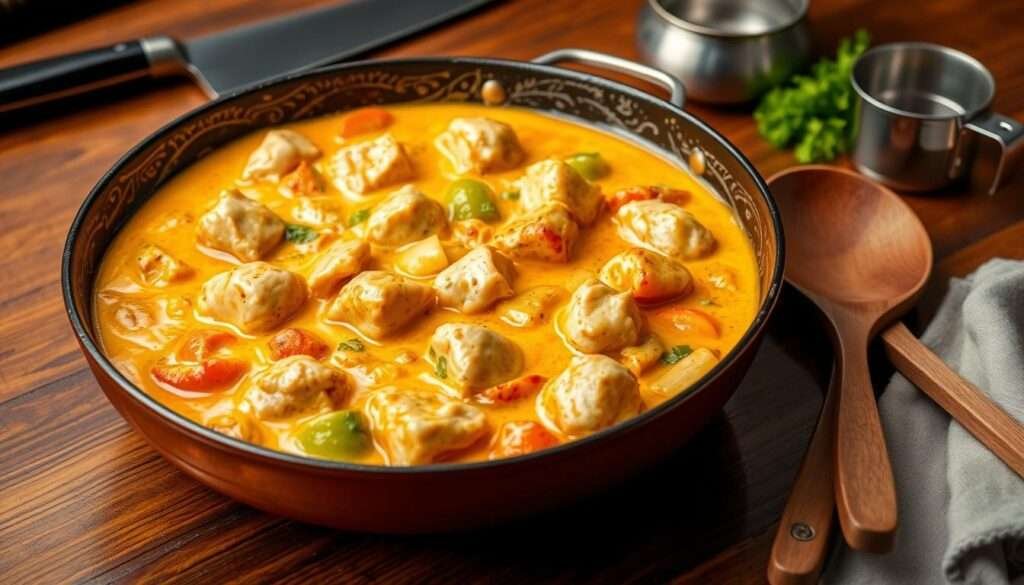 A sumptuous butter chicken skillet, bathed in a creamy, aromatic sauce, with tender chunks of juicy chicken nestled among vibrant vegetables. The skillet is showcased on a rustic wooden table, its glossy surface reflecting the warm, golden hues of the lighting. Artfully arranged around the skillet are the essential tools - a sharp chef's knife, a sturdy wooden spoon, and a measuring cup, all conveying the importance of precision and technique in crafting this flavorful dish. The overall scene exudes a welcoming, homely atmosphere, inviting the viewer to imagine the satisfying experience of savoring this delectable Texas Roadhouse specialty.