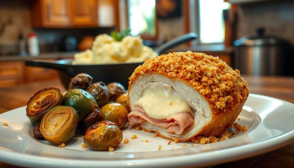 A sumptuous chicken cordon bleu dish, showcased in a cozy, rustic setting. In the foreground, the tender chicken breast is filled with melted Swiss cheese and savory ham, topped with a golden, buttery breadcrumb crust. The middle ground reveals a side of fluffy, buttery mashed potatoes, and roasted, caramelized Brussels sprouts. The background features a warm, inviting kitchen, with rustic wooden cabinets, a cast-iron skillet, and a touch of natural light filtering in through a window. The overall mood is one of comfort, indulgence, and homemade goodness, capturing the essence of a classic, blue-ribbon recipe.