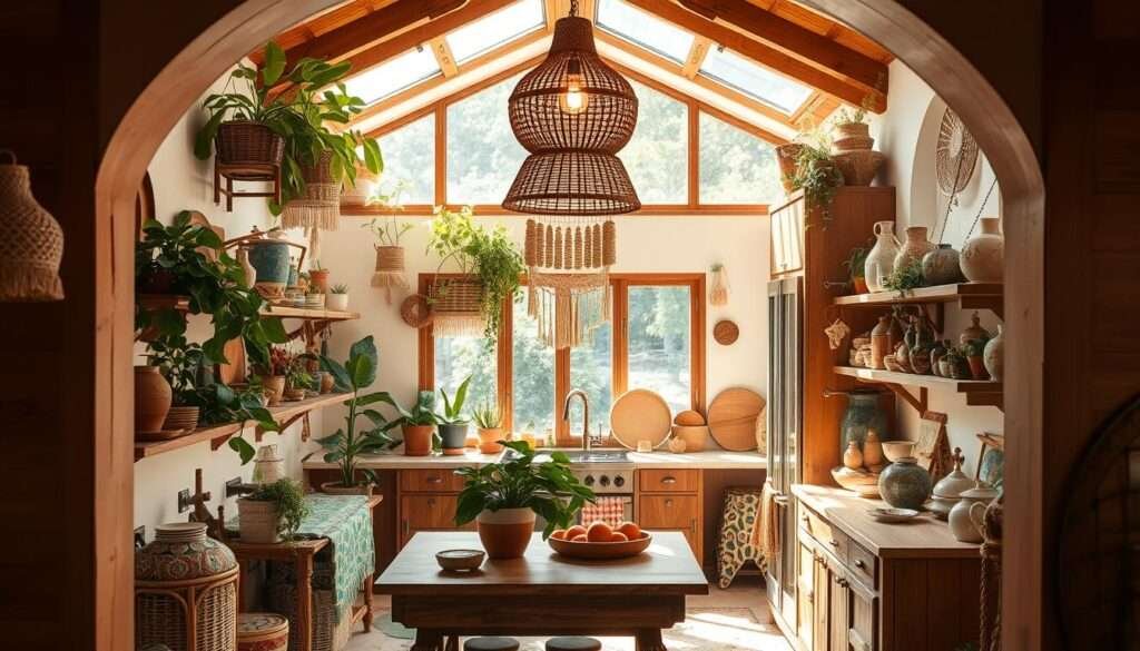 A sun-dappled boho kitchen, the heart of a cozy, maximalist haven. Warm wood tones, rattan and macrame accents adorn the space, creating a laid-back, eclectic ambiance. Lush potted plants spill over shelves, while a statement pendant light casts a soft, ambient glow. Colorful textiles, vintage-inspired ceramics, and a mix of natural materials fill the frame, evoking a sense of worldly, bohemian charm. The scene is framed by arched doorways, leading the eye through the open, airy layout. Rustic, yet refined, this image captures the essence of a boho kitchen makeover - a harmonious blend of earthy, inviting elements that exude comfort and character.