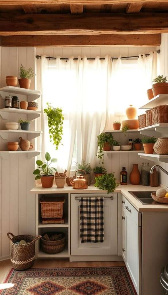 A sun-dappled boho kitchen with vertical storage solutions. Whitewashed wood shelves line the walls, displaying an eclectic array of potted plants, handmade ceramics, and woven baskets. Soft natural light filters through sheer curtains, casting a warm glow over the space. The compact countertop is adorned with a vintage copper kettle and a bundle of fresh herbs. Rustic wood beams overhead lend a cozy, lived-in feel. Underfoot, a patterned rug in earthy tones ties the room together. A sense of harmony and simplicity pervades this inviting, well-organized boho kitchen oasis.