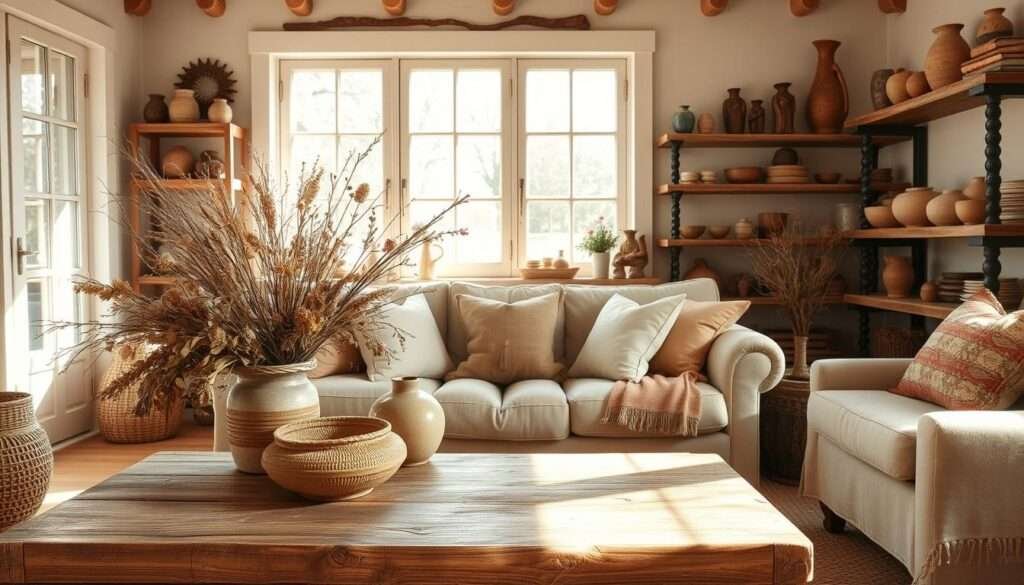 A sun-dappled farmhouse living room, filled with natural materials and rustic farmhouse decor. In the foreground, a weathered wooden coffee table is topped with woven baskets, textured ceramics, and a lush arrangement of dried flowers and foliage. The middle ground features a cozy linen-upholstered sofa accented with plush pillows in earthy hues. Along the walls, rough-hewn wooden shelves display artisanal pottery, carved wooden figures, and a collection of vintage-inspired glass vases. Warm, soft lighting filters through large windows, casting a gentle glow on the natural textures and organic shapes that ground the space in a sense of timeless, rustic charm.