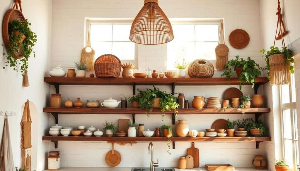 A sun-drenched, airy kitchen with open shelves showcasing an eclectic boho-inspired display. Rustic wooden shelves hold an array of earthenware, ceramics, and lush greenery against a backdrop of whitewashed walls. Woven baskets, macramé wall hangings, and a large, pendant light fixture create a warm, inviting atmosphere. Soft, diffused lighting filters through large windows, casting a gentle glow over the scene. The shelves are styled with care, blending function and aesthetics seamlessly, reflecting the modern boho style of the space.