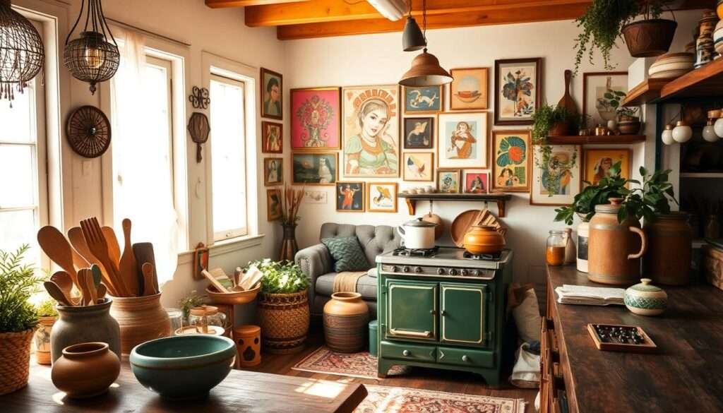 A sun-drenched bohemian kitchen, filled with warmth and character. In the foreground, an eclectic mix of textured ceramics, handcrafted wooden utensils, and lush greenery adorn the rustic wooden countertops. The middle ground showcases a vintage enamel stove, its patina gleaming under the soft, diffused lighting streaming through the large windows. In the background, a gallery wall showcases an array of vibrant, bohemian-inspired artwork, complemented by a cozy, tufted sofa and a plush, patterned rug. The overall atmosphere exudes a sense of freedom, creativity, and a deeply personal, lived-in charm.