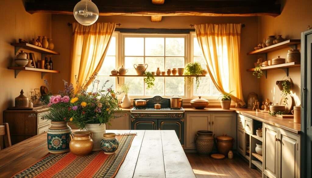 A sun-drenched bohemian kitchen with rustic charm. In the foreground, a wooden farmhouse table is adorned with a vibrant woven runner, a cluster of mismatched ceramic vases, and a lush bouquet of wildflowers. The middle ground features a vintage stove with ornate detailing, surrounded by open shelving displaying an eclectic mix of earthenware, copper pots, and trailing plants. The background showcases a large window framed by billowing linen curtains, allowing natural light to flood the space and cast a warm, golden glow. The walls are painted in a soft, earthy tone, complemented by the exposed wooden beams overhead. The overall atmosphere evokes a sense of effortless, lived-in elegance, perfect for the 2025 bohemian farmhouse kitchen.
