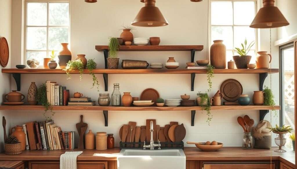 A sun-drenched boho farmhouse kitchen with rustic open shelves adorned with an eclectic mix of earthen ceramics, trailing plants, and vintage glass jars. Warm wood tones and woven textures create a cozy, lived-in ambiance. Soft natural light filters through large windows, casting a golden glow on the curated display of cookbooks, handmade pottery, and small decorative accents. The shelves are arranged with deliberate asymmetry, suggesting a casual, effortless style. This inviting scene captures the essence of a modern boho-inspired kitchen, perfect for the "Kitchen Open Shelving Boho Styling" section of the article.