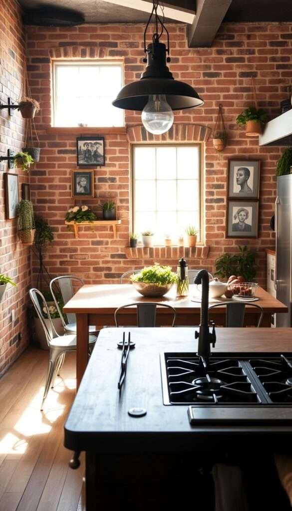 A sun-drenched boho industrial kitchen, featuring a weathered wood dining table surrounded by vintage-inspired metal chairs. The exposed brick walls are adorned with hanging plants and eclectic wall art, casting a warm, cozy glow. In the foreground, a sleek black range and a farmhouse-style sink complement the rustic, textured elements. Overhead, a statement pendant light with an industrial flair illuminates the space, creating a harmonious blend of rustic and modern. The overall atmosphere is one of casual elegance, where the grit of industrial design meets the charm of a boho-inspired aesthetic.
