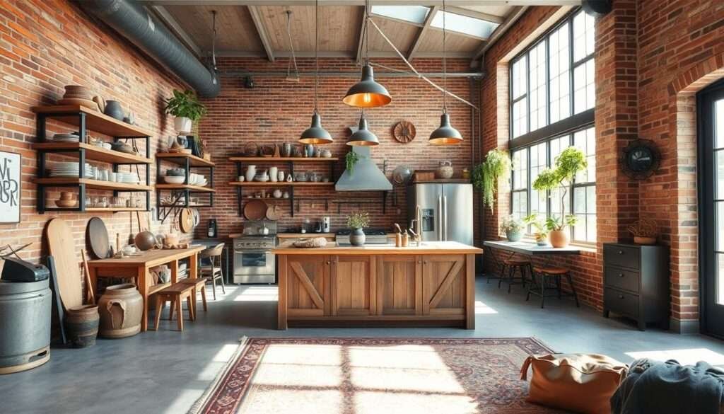 A sun-drenched boho industrial kitchen, with exposed brick walls and metal fixtures. A central island with a wooden countertop serves as the focal point, surrounded by vintage-inspired pendant lights casting a warm glow. Shelves made of reclaimed wood display an eclectic mix of ceramic dishes, hanging plants, and decorative accents. The concrete floor is softened by a large, patterned area rug. Natural light streams in through tall windows, creating a cozy and inviting atmosphere. Hints of leather and worn leather accessories complete the rustic-chic aesthetic.