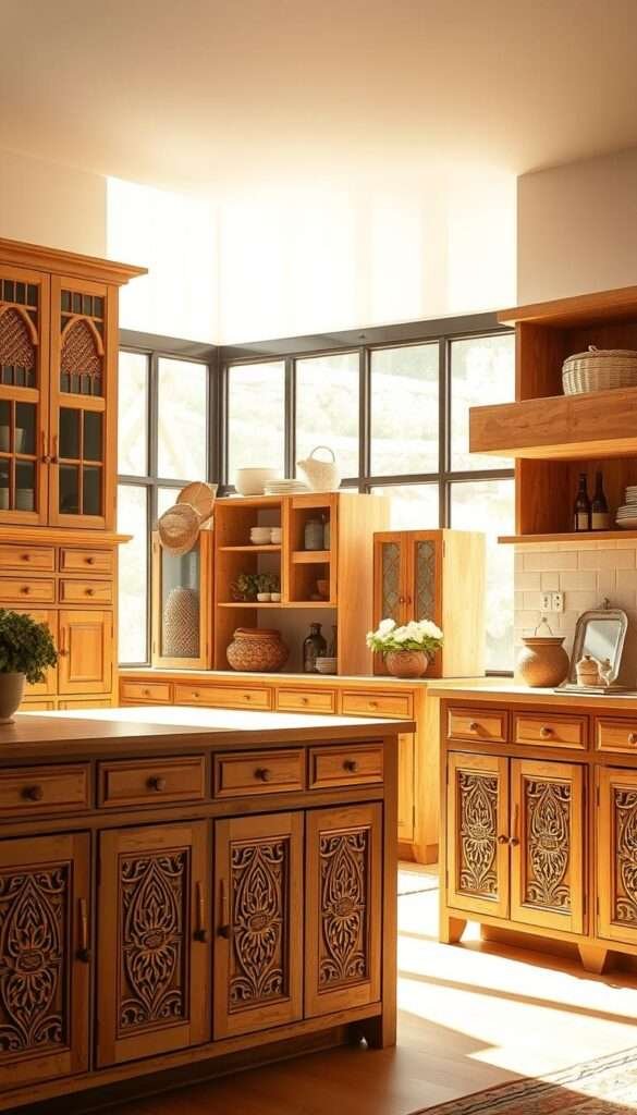 A sun-drenched boho kitchen with a collection of handcrafted cabinetry in natural wood tones. The foreground showcases intricately carved cabinet doors and drawers, their surfaces adorned with a subtle distressed finish that exudes an effortless, lived-in charm. The middle ground features a mix of open shelving and closed cabinets, each piece a unique, artisanal statement. In the background, a sprawling window floods the space with warm, golden light, casting soft shadows that accentuate the textural details of the wood. The overall atmosphere is one of understated elegance, where each cabinet and shelf feels like a carefully curated piece in a cohesive, harmonious design.
