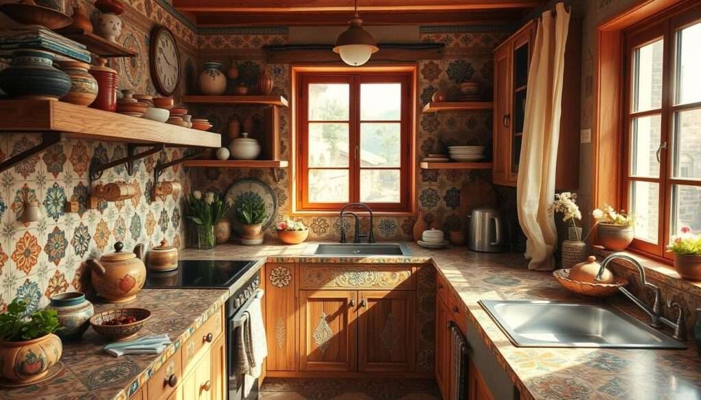A sun-drenched boho kitchen with intricate, handcrafted tiles covering the countertops and backsplash. The tiles showcase a vibrant, eclectic mix of patterns and textures - rustic terracotta, earthy ceramics, and shimmering metallic accents. Warm wooden shelves and cabinetry provide a natural contrast, while soft, flowing textiles add a cozy, lived-in vibe. Soft, diffused lighting casts a golden glow, highlighting the depth and character of the surfaces. The overall scene exudes a sense of warmth, creativity, and a touch of bohemian flair.