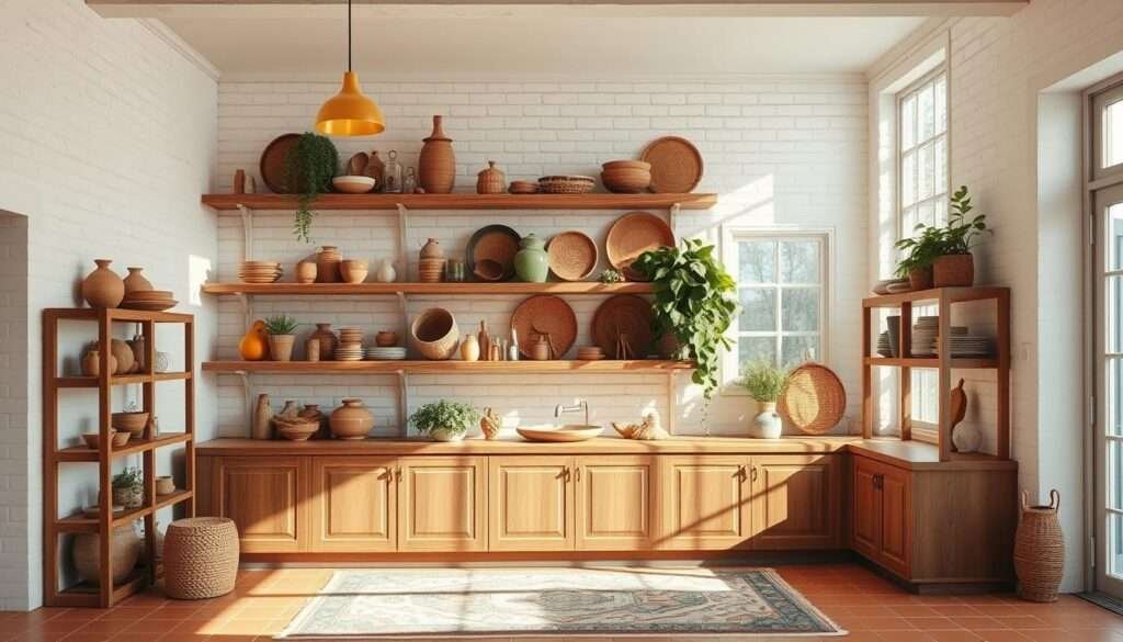 A sun-drenched boho kitchen with open wood shelving showcasing an artful curation of earthy ceramics, woven baskets, and lush greenery. The shelves are positioned against a whitewashed brick wall, casting soft shadows that add depth and texture. Warm pendant lights illuminate the space, casting a golden glow over the rustic wood tones and natural fibers. A large window floods the room with natural light, illuminating the kitchen's breezy, laid-back vibe. Terracotta tiles on the floor and a vintage-inspired rug anchor the space, creating a cohesive bohemian aesthetic. The overall mood is one of relaxed elegance, where form and function seamlessly blend.