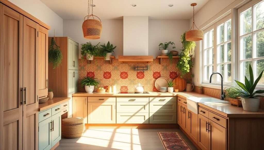 A sun-drenched boho kitchen with rich, earthy cabinet colors. In the foreground, a mix of natural wood, sage green, and dusty pink hues adorn the cabinets, complemented by rattan accents and hanging plants. The middle ground features a vintage-inspired tile backsplash in warm tones, while the background showcases large windows letting in abundant natural light. The scene conveys a cozy, welcoming atmosphere with a touch of rustic charm. Captured with a wide-angle lens, the image presents a harmonious, bohemian-inspired kitchen design.
