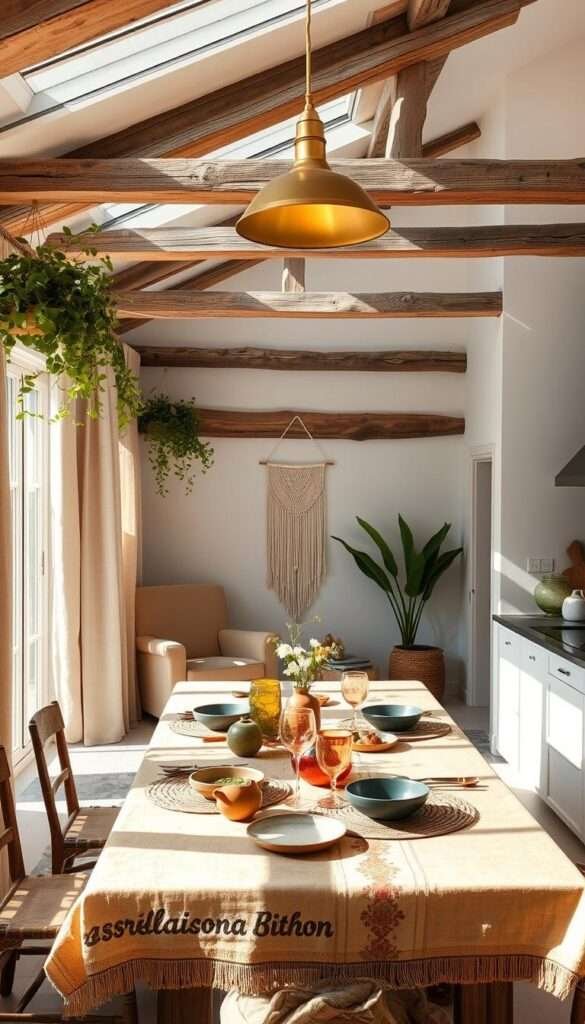 A sun-drenched kitchen with rustic wooden beams, whitewashed walls, and warm earthy tones. Hanging plants sway gently in the breeze, casting soft shadows on the natural linen curtains. A large farmhouse-style table takes center stage, adorned with a vibrant boho-inspired tablecloth and an eclectic mix of ceramic dishes, woven placemats, and vintage glassware. In the corner, a cozy nook with a plush velvet armchair and a macrame wall hanging creates an inviting reading or relaxation space. Overhead, a brass pendant light casts a golden glow, complementing the weathered wood accents and the hint of copper in the kitchen accessories. The overall atmosphere is one of laid-back elegance and soothing, natural beauty.