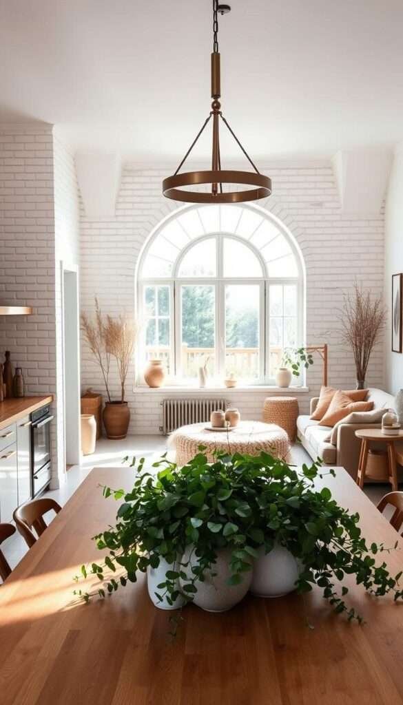 A sun-drenched, minimalist kitchen with a modern boho aesthetic. In the foreground, a sleek, wooden dining table is adorned with a lush, greenery-filled centerpiece and modern ceramic vases. The middle ground features a beautiful, light-filled space with whitewashed brick walls, brushed brass accents, and a large, arched window allowing natural light to flood the room. In the background, a cozy sitting area with plush, earthy-toned textiles and a statement light fixture creates a harmonious, inviting atmosphere. The overall scene conveys a sense of warmth, simplicity, and effortless style.
