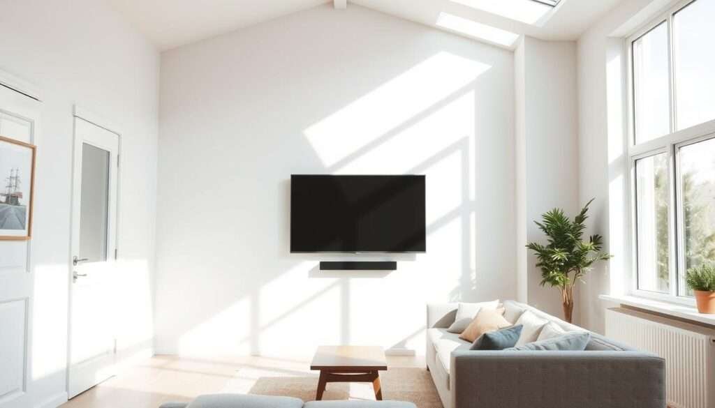 A sun-drenched, minimalist living room with a sleek, wall-mounted television. The space is bathed in natural light, filtering in through large windows and skylights. Soft, diffuse illumination creates a serene, calming atmosphere. The room features a minimalist, Scandinavian-inspired design, with clean lines, neutral tones, and carefully curated decor. A plush, neutral-toned sofa sits opposite the TV, inviting relaxation. A low, wooden coffee table and a few potted plants add subtle natural elements. The overall mood is one of tranquility and balance, where the television seamlessly integrates with the light-filled, harmonious environment.