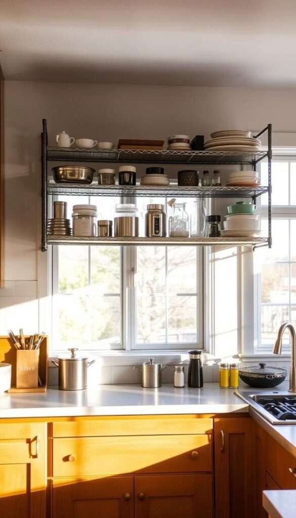A sunlit kitchen with a prominent window, showcasing an industrial-style metal shelving unit installed across the frame. The shelves are filled with an assortment of kitchen essentials, creating a visually appealing and functional display. The warm, natural lighting filters through the window, casting a soft glow on the metallic surfaces and the items on the shelves. The overall scene conveys a sense of open, efficient space utilization, perfectly capturing the essence of the "Carve Out Space Where You Least Expect It" section of the article.