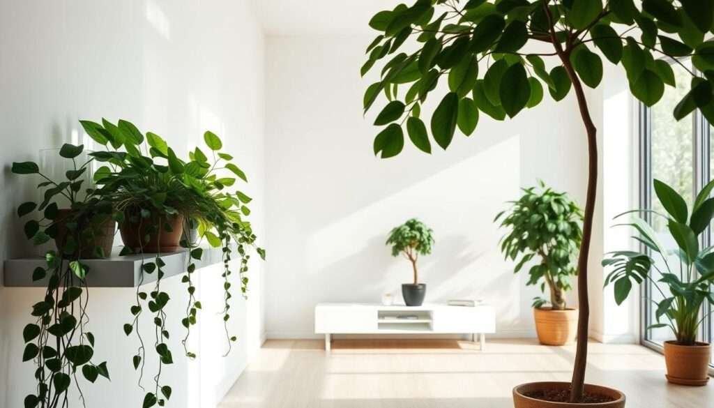 A sunlit minimalist living room, with lush potted plants strategically placed to create an organic contrast. In the foreground, a mix of tall leafy plants and trailing vines cascade over a sleek floating shelf, casting soft shadows on the pale walls. In the middle ground, a compact fiddle-leaf fig tree stands tall, its broad leaves framing the minimalist TV console. The background features a large window, allowing natural light to stream in and accentuate the verdant foliage. The overall mood is one of serene, harmonious simplicity, where the greenery breathes life into the clean, modern aesthetic.