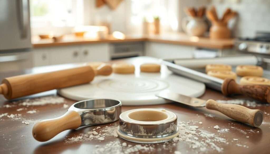 A table setting with an assortment of baking tools for rolling out and cutting cinnamon roll cookies. In the foreground, a wooden rolling pin, a circular cookie cutter, and a dough scraper are neatly arranged. In the middle ground, a marble pastry board and a stainless steel baking sheet are visible. The background features a warm, cozy kitchen setting with natural light streaming in through a window, creating a soft, inviting atmosphere. The lighting is natural and diffused, highlighting the textures and details of the tools. The image conveys a sense of warmth, comfort, and the joyful process of baking homemade cinnamon roll cookies.