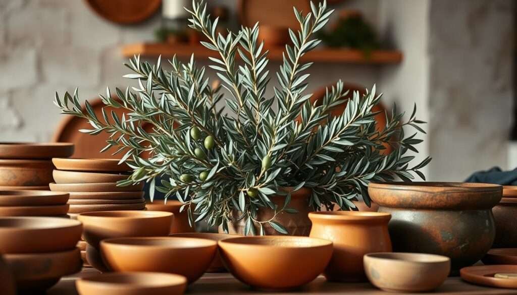 A terracotta-toned olive palette, capturing the essence of an earthy, vibrant boho kitchen. In the foreground, a collection of rustic terracotta bowls, plates, and planters, their organic shapes and warm tones evoking a sense of connection to the natural world. In the middle ground, a lush, verdant arrangement of olive branches and leaves, their deep greens and silvery undertones adding depth and richness to the scene. The background features a soft, diffused natural light, casting a gentle glow and creating a cozy, welcoming atmosphere. The overall composition exudes a harmonious blend of earthy, bohemian charm, perfectly complementing the "Earthy Meets Vibrant" theme.