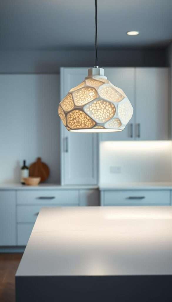 A textured, organic-looking pendant light hovers gracefully above a pristine white quartz kitchen island. Soft, diffused lighting emanates from the pendant, casting a warm, cozy glow over the clean, minimalist countertop. The pendant's form is fluid and sculptural, with subtle asymmetries that give it a handcrafted, artisanal feel. The scene is captured from a slightly low angle, emphasizing the pendant's elegant presence and the island's sleek simplicity. A sense of tranquility and sophistication permeates the space, hinting at the cozy, inviting atmosphere of the kitchen.