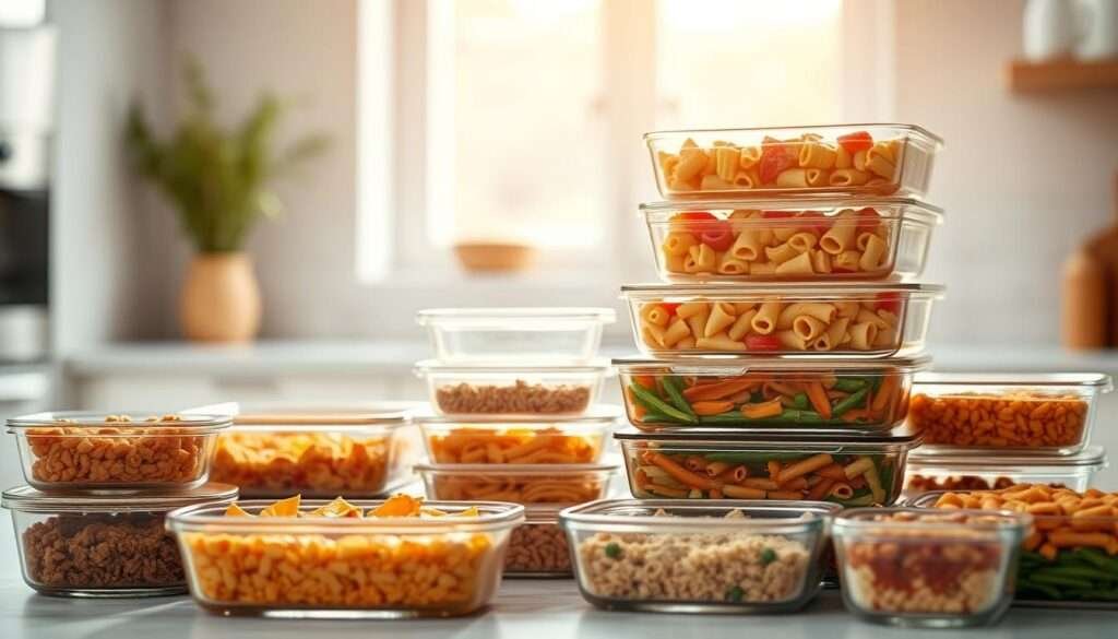 A tidy arrangement of various leftover dishes, neatly stacked in transparent glass containers, illuminated by warm, natural lighting from a large window. The foreground features a shallow depth of field, highlighting the textures and colors of the different casserole, pasta, and vegetable dishes. The middle ground showcases the clean, organized storage containers, while the background blurs into a soft, minimalist kitchen setting, suggesting a well-maintained, modern home. The overall mood conveys a sense of practical organization and the satisfying reuse of delicious baked leftovers.