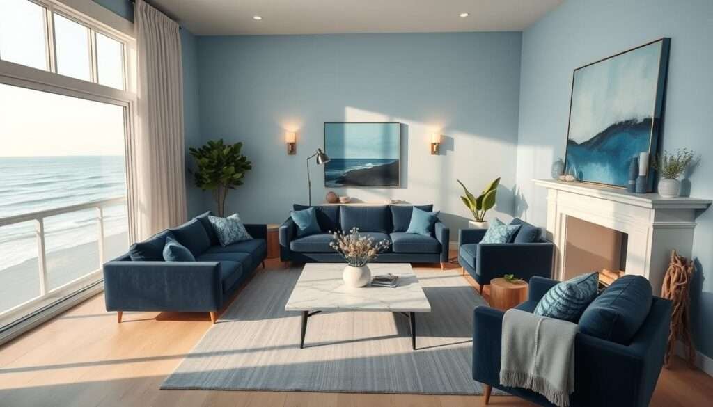 A tranquil living room bathed in the soft glow of natural light, the walls a calming shade of sky blue. A large window overlooks a serene ocean view, its waves gently lapping against the shore. Plush navy blue velvet sofas and armchairs invite relaxation, accented by linen textiles in shades of cerulean. A marble-topped coffee table sits atop a cozy rug in shades of azure, and a minimalist fireplace mantel frames a work of abstract art in shades of indigo. Subtle lighting fixtures cast a warm ambiance, while potted plants and driftwood accents add natural, earthy touches. The overall effect is one of serene, coastal-inspired sophistication.