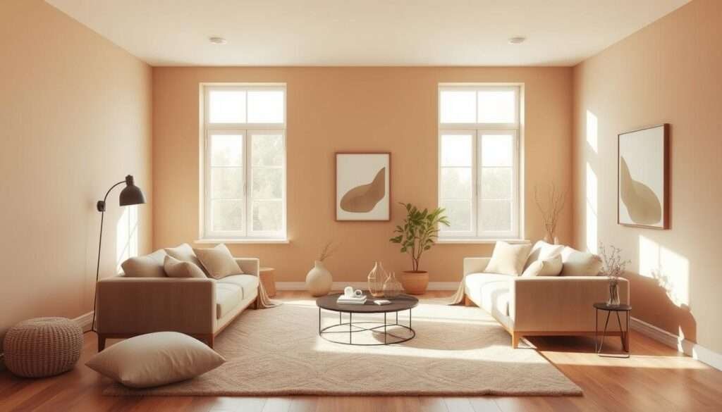 A tranquil living space with a soothing neutral color palette. A minimalist yet inviting room, bathed in soft natural light filtering through large windows. The walls are painted in a warm, earthy tone, complemented by natural wood accents and plush, muted textiles. A cozy area rug grounds the space, its pattern echoing the tones of the walls. Understated decor, such as a potted plant and a simple geometric artwork, add subtle visual interest. The overall atmosphere is one of calm, balance, and effortless style, creating a harmonious and functional living environment.
