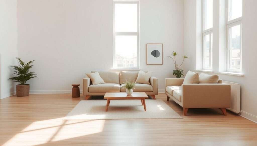A tranquil, minimalist living room with clean lines and a harmonious balance. Soft natural light filters through large windows, casting a warm glow on the space. A plush, neutral-toned sofa anchors the room, accompanied by a low, wooden coffee table and a pair of matching armchairs. Carefully curated decor, like a potted plant and a simple, abstract artwork, add subtle visual interest. The floors are made of light-colored hardwood, and the walls are painted in a calming, off-white hue. An overall sense of simplicity and serenity pervades the space, creating a serene and inviting atmosphere.