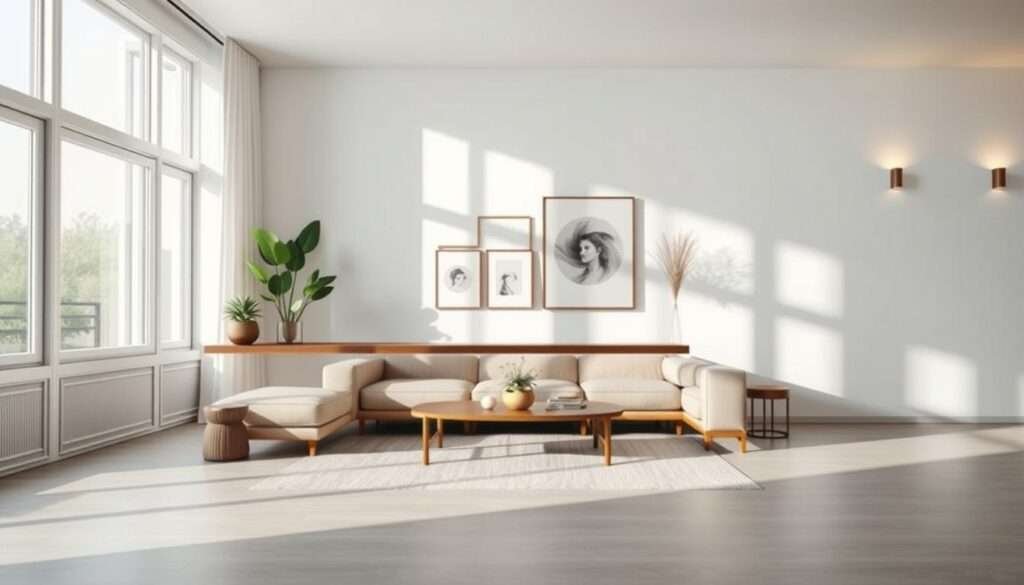 A tranquil minimalist living room with natural light streaming through large windows. In the foreground, a sleek floating wooden shelf displays a few carefully curated artworks and potted plants, casting gentle shadows. The middle ground features a plush, neutral-toned sofa and a low wooden coffee table, creating a balanced, uncluttered arrangement. The background showcases clean white walls, accentuated by the warm glow of subtle wall sconces, radiating a sense of serene, intentional simplicity. The overall composition exudes a calming, harmonious atmosphere, perfectly suited to the "Curate Decor with Intentionality" section.
