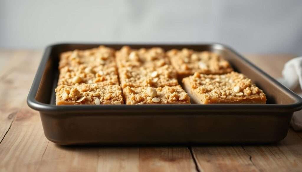 A tray of freshly baked, bakery-style bars sits atop a rustic wooden table, the golden-brown crust glistening under soft, even lighting. The bars are layered with a thick, gooey salted caramel filling and topped with a crumbly, buttery streusel. The foreground is in sharp focus, while the background is softly blurred, creating a sense of depth and drawing the eye to the delectable treats. The overall mood is one of homey, autumnal comfort, evoking the warmth and indulgence of a cozy fall afternoon.
