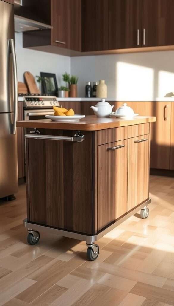 A versatile rolling kitchen island with a smooth, wooden countertop, providing ample prep space and storage. Gleaming chrome hardware and a sleek, modern design create a visually striking focal point. Soft, directional lighting casts a warm glow, highlighting the island's clean lines and premium materials. The island effortlessly glides across the light, hardwood floor, allowing for flexible arrangement and efficient multitasking in a compact kitchen space. A subtle, minimalist aesthetic complements the surrounding cabinetry and appliances, elevating the overall functionality and aesthetic appeal.