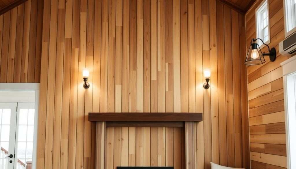 A vertical shiplap wall in a warm, inviting farmhouse setting. The wooden planks run from floor to ceiling, their natural grain and texture creating a sense of rustic elegance. Soft, diffused lighting from sconces casts a gentle glow, accentuating the dimensional shadows and highlights of the shiplap. The wall is the focal point, drawing the eye upwards and giving the space a lofty, airy feel. Subtle hints of a cozy fireplace or mantel in the background, hinting at the room's function. An overall atmosphere of modern farmhouse charm, blending refined simplicity with the character of weathered wood.