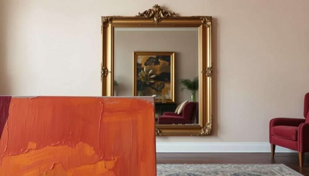 A vibrant, abstract oil painting depicting a cozy, warm living room scene. The foreground features a large, textured canvas with bold brushstrokes of earthy ochres, terracotta, and deep burgundy tones. In the middle ground, a reflection of the painting is visible in a sleek, gilded mirror, creating a sense of depth and unity. The background is filled with a soft, hazy atmospheric effect, suggesting gentle, diffused lighting that envelops the space. The overall composition evokes a harmonious, inviting ambiance that unifies the walls and draws the viewer into the intimate, comfortable setting.