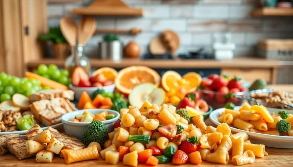 A vibrant and appetizing arrangement of various toddler-friendly meal ideas, captured in a warm, inviting composition. In the foreground, a variety of colorful, wholesome dishes are neatly presented, including bite-sized pieces of grilled chicken, steamed vegetables, and small pasta shapes. The middle ground features a selection of fresh fruits, such as sliced apples, orange wedges, and halved strawberries, arranged in an aesthetically pleasing manner. The background showcases a cozy, rustic kitchen setting, with natural wooden textures and a soft, diffused lighting that creates a comforting ambiance. The overall scene exudes a sense of simplicity, nutrition, and family-friendly appeal, perfectly capturing the essence of "Easy Dinners For Toddlers".