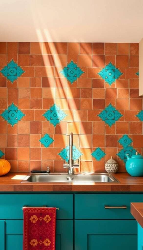 A vibrant and eclectic boho kitchen backsplash, featuring an intricate mosaic pattern of earthy terracotta tiles, accented with pops of bold turquoise and ochre. Shafts of warm, natural light stream in, casting a golden glow and creating a sense of depth and dimension. The tiles have a textured, handcrafted look, arranged in an eye-catching geometric layout that adds visual interest and a touch of bohemian flair. The backsplash serves as the focal point, seamlessly blending rustic, global influences with a modern, artistic sensibility, creating a warm and welcoming atmosphere that sets the tone for the entire boho-inspired kitchen.