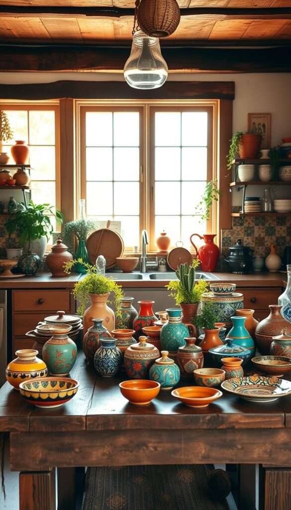 A vibrant and eclectic boho kitchen, bathed in warm, natural light streaming through large windows. The foreground features an array of colorful ceramic pots, vases, and dishes arranged artfully on a rustic wooden table, showcasing a harmonious blend of earthy tones, vibrant hues, and intricate patterns. In the middle ground, a mix of lush, trailing plants and woven baskets add texture and depth, while the background reveals a backsplash of handmade tiles in a captivating mosaic design. The overall atmosphere is one of creativity, relaxation, and a celebration of the senses, perfectly capturing the essence of a boho-inspired kitchen.