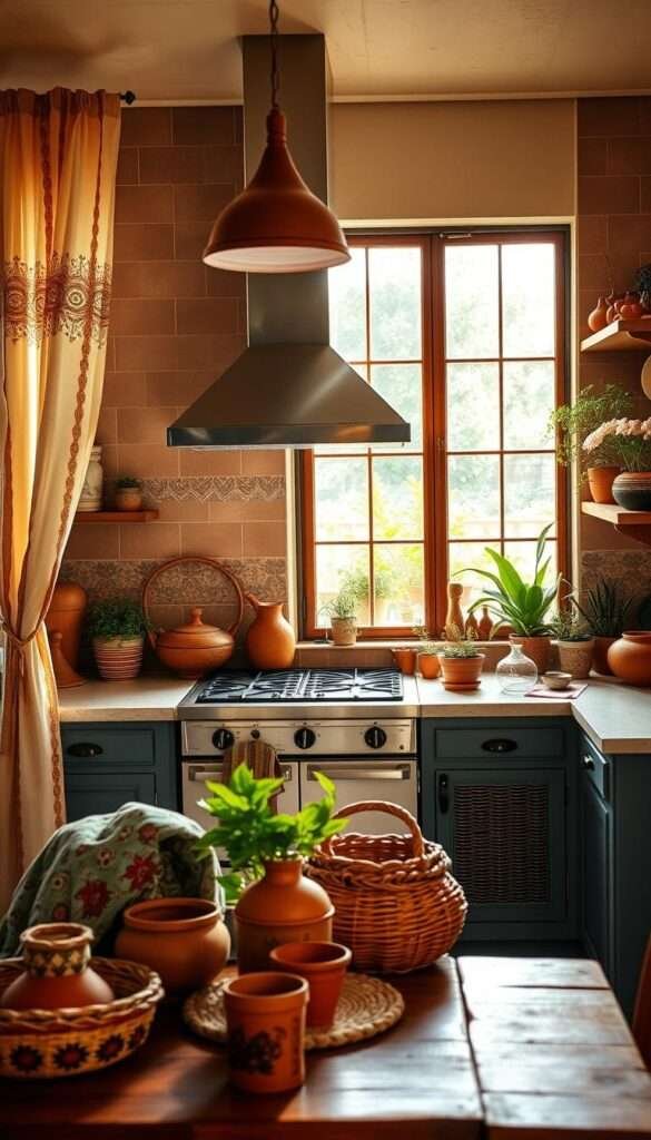 A vibrant and inviting boho kitchen, bathed in warm, natural light filtering through airy curtains. In the foreground, an eclectic mix of patterned textiles, wicker baskets, and terracotta pots adorn a rustic wooden table, creating a cozy, lived-in vibe. The middle ground showcases a vintage-inspired range hood, complemented by bold, earth-toned tiles that climb the walls, adding depth and character. In the background, a combination of open shelving displaying an array of colorful ceramics and potted plants, along with a large window overlooking a lush, verdant garden, completing the serene, bohemian atmosphere. The overall scene exudes a sense of harmony, creativity, and a touch of whimsy.