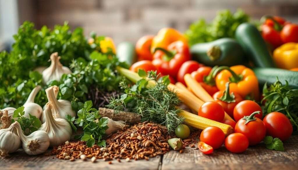 A vibrant array of fresh herbs, spices, and seasonal vegetables artfully arranged on a rustic wooden surface, bathed in warm, natural lighting. The foreground features an assortment of fragrant seasonings, including garlic, onion, paprika, and dried thyme, while the middle ground showcases a variety of crisp, vibrant vegetables like bell peppers, zucchini, and cherry tomatoes. The background subtly hints at a cozy kitchen environment, with hints of textured surfaces and a soft, inviting atmosphere. The overall composition exudes a sense of culinary inspiration and the essence of home-cooked comfort.