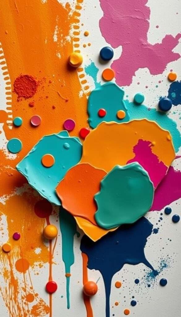A vibrant assortment of paint-splattered color swatches, arranged in an organic, asymmetrical composition. Warm hues of terracotta, mustard, and ochre blend seamlessly with bold shades of turquoise, fuchsia, and deep indigo. The palette exudes a free-spirited, boho-inspired aesthetic, captured under soft, diffused lighting that casts gentle shadows, creating depth and dimension. Texture and imperfections in the paint strokes add to the handcrafted, artisanal feel, reflecting the bold and carefree spirit of the color scheme. The overall image radiates a sense of creative expression and a zest for life, perfectly encapsulating the essence of a vibrant boho kitchen.